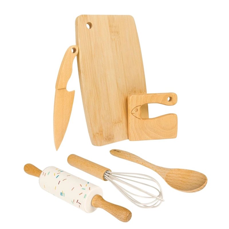 Kitchen Kids Baking Set - SHGO製、木製の子供用ナイフと幼児向けお菓子作りセット。本格的な料理体験ができる6点セット。モンテッソーリ教育に基づいた幼児用キッチンツール、料理用まな板。