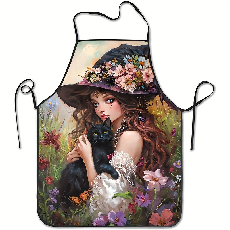 ヴィンテージ風の魔法使い黒猫をモチーフにしたプリント柄のエプ - Kitchen Witch Baking のレビューと価格